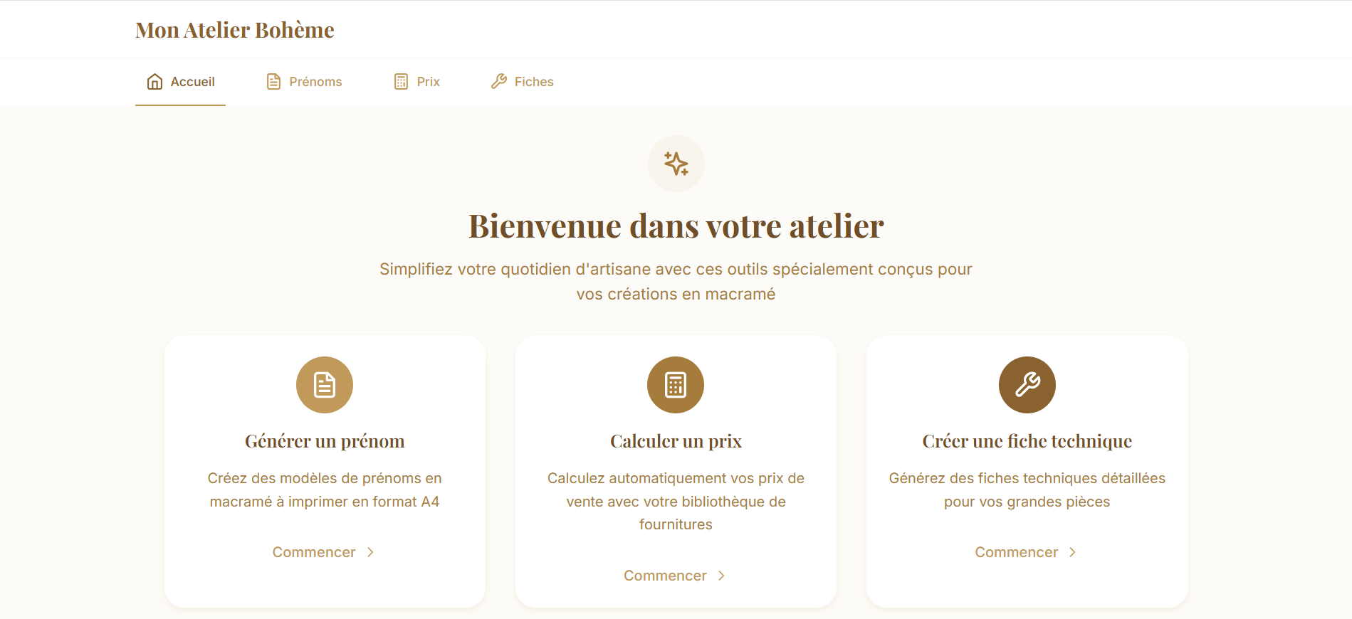 Capture d'écran de l'application Mon Atelier Bohème - Interface de gestion des coûts de revient et patrons